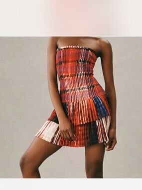 Anthropologie Strapless Red Plaid Pleated Mini Dress with Navy Accents